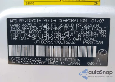 2007 Lexus Gs 350 z USA, uszkodzony, nr VIN JTHBE96S470016606